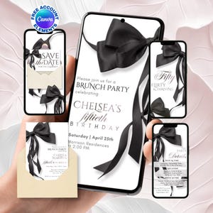 50th Birthday Brunch Invite: Black Croquette Invite for Her, Black Bow Birthday Invitation, Modern Ladies 30th Birthday, Canva Editable DIY