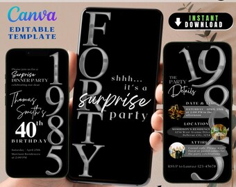 Silver 40th Birthday Invite for Him, Digital 40th Surprise Party Invite Man Shh it's a Surprise Party Evite Modern Minimal Evite for Husband