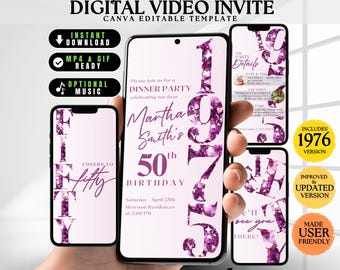Purple 50th Birthday Invite, Violet Glam Minimalist Birthday 50th Digital Invite, Editable Let's Party Purple Invite, Animated 50th Invite