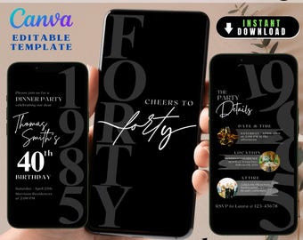 Minimalist 40th Evite Birthday for Adult Men Invite, Modern Editable 40th Birthday Invite, Digital Animated Men Digital 40th Birthday Evite