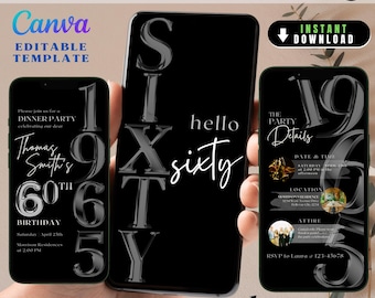 Elegant 60th Birthday Evite for Him, Modern 60th Party Evite for Men, Video Animated 60th Digital Invite Women Invite Phone Birthday Evite