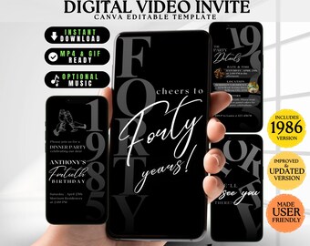 Forty Party Invite: Cheers to 40 Invite for Men, Digital Animated Black 40th Invite for Him, 40th Birthday Evite For Men, Canva Editable DIY