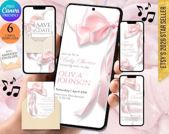 Può includere: Un set di inviti digitali per baby shower con fiocchi di raso rosa su sfondo bianco. Il design include testo per la data, dettagli dell'evento e informazioni sulla festa, con una grafica di busta animata e icone di note musicali.