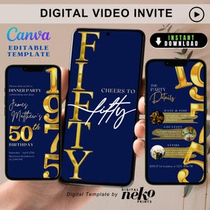 Modern 50th Invite for Men, Navy Blue Gold Theme Minimalist 50Th Birthday Invite for Him, Elegant 50th Birthday for Men Invitation Canva DIY