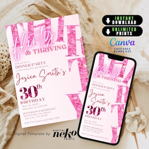 30th Invite for Her, Blush Pink 30th Birthday Invitation Printable & Mobile, Sparkly 30 Flirty Birthday Evite Girly 1985 Birthday Invite DIY