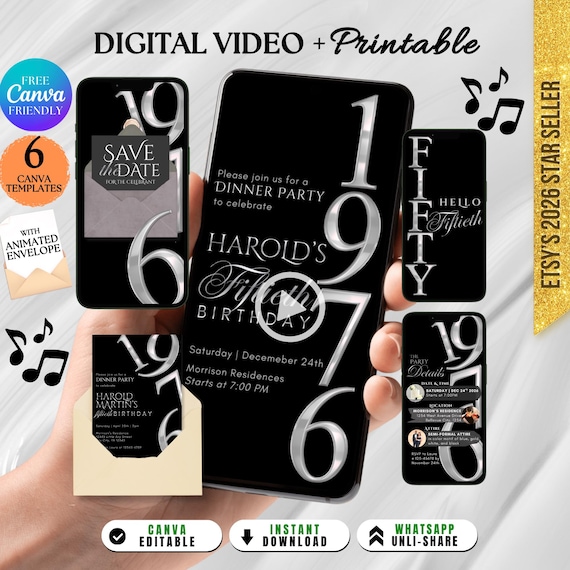 Minimalist 50Th Birthday Invite for Men, Elegant 50th Birthday Evite, Video Phone Animated 50th Party Invite Men Birthday (Digital Download)