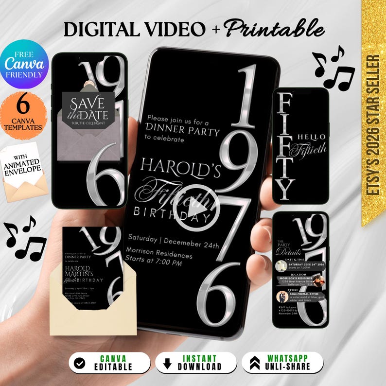 Digital 50th Birthday Invitation For Men, 50 Invite Ecard, Virtual Rustic Marquee BBQ Fifty Party Invite For Him, Self Editable Template, Digital 50th Birthday Invitation For Men, 50 Invite Evite, Virtual Rustic Marquee BBQ Funny Adult Party Invite For Him, Day Itinerary eCard, Animated Birthday Dinner Invitation, DIY Template Design, Men's Party Video Invite, Premade Gold Party Celebration Event Digital Einvite by DigitalNekoPrints