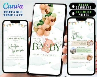 Editable Gender Neutral Bear Baby Shower Invitation, We Can Bearly Wait Baby Shower Invite, Green Brown Boho Bear Baby Shower, Neutral Bear