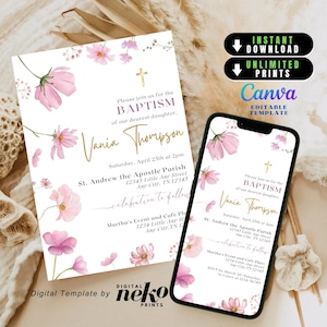 Sommer Taufe E-Invite, Blush rosa Blumen Aquarell Taufe Evite Mädchen, klassische moderne wilde Blume Taufe Text einladen für Baby Mädchen