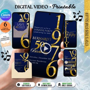 Modern 50th Invite for Men: Navy Blue Gold Theme Minimalist 50Th Birthday Invite for Him, Elegant 50th Birthday for Men Invitation Canva DIY
