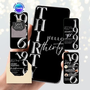 Men 30th Birthday Invite: Modern Metallic Foil Invite for Him, Minimalist Hello Thirty, Thirtieth Bday Party Invitation (Digital Download)