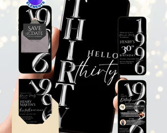 Men 30th Birthday Invite: Modern Metallic Foil Invite for Him, Minimalist Hello Thirty, Thirtieth Bday Party Invitation (Digital Download)