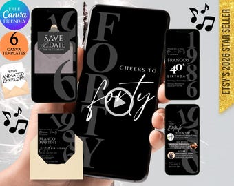Invitación animada de cumpleaños número 40 para hombres: invitación minimalista moderna negra para fiestas de cumpleaños para él, editable en Canva, para fiestas de cumpleaños importantes (descarga digital).