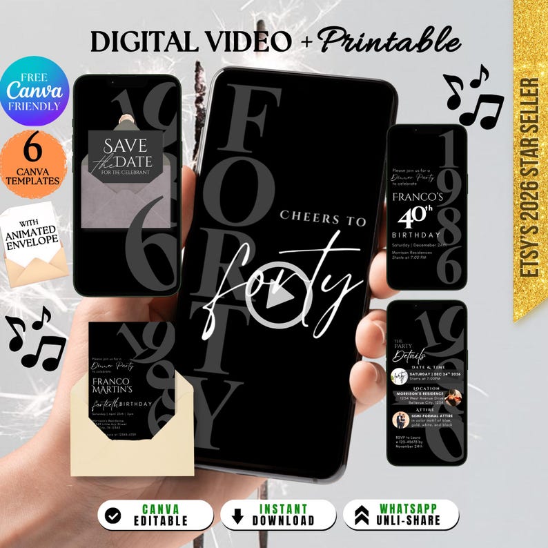 Digital 40th Birthday Invitation For Men, 40 Invite Ecard, Virtual Rustic Marquee BBQ Forty Party Invite For Him, Self Editable Template, Digital 40th Birthday Invitation, 40th Ecard, Black Gold Silver Balloon Diamond Video Party Invite For Black Tie Gala, Editable Itinerary, Men's 40th Birthday Digital Invitation Template, Birthday Invite for Him Digital, 40th Birthday Party Invitation, 40th Men Party Invite, Digital Men Birthday Invitation, The Man The Legend by DigitalNekoPrints