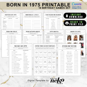 1975 50th Birthday Games Printable Pack 10, Edytowalny Urodzony w 1975 Fifty 50th Birthday Printable Games Set, Minimalistyczny Zabawny Trivia Bday DIY