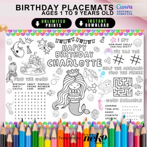 May include: A printable mermaid-themed birthday placemat with a word search, a maze, a tic-tac-toe game, and a word scramble. The placemat is personalized with the name "Charlotte" and the text "Happy Birthday".