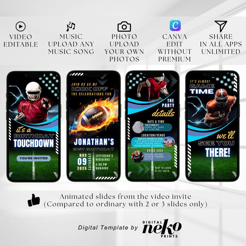Editable Football Themed Birthday Party Invitation Card Template, Digital Football Birthday Invite, Electronic Sports Birthday Mobile, Sports Birthday Invitation, Editable Event Sports Theme Invite, Any Age, Sporting Event Flyer, Digital Template, Instant Download, First Year Down Invitation, Football 1st Birthday Invitation, Boy 1st Birthday Evite, Sports Birthday Party, Printable Template, Soccer Ticket Birthday Invitation,Soccer Party Kids, Digital Editable Printable by DigitalNekoPrints