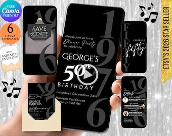 Invitación moderna para el 50 cumpleaños de un hombre: Invitación minimalista negra para él, nacida en 1976, ¡Brindemos por los cincuenta! DIY Canva (Descarga digital)