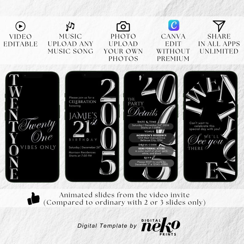 21 evite electronic, hello 21 birthday, 21 Phone Invitation, Modern 21 Birthday, 21st birthday digital invitation, 21st Casino Birthday Invitation, 21st Birthday Party Invitation, Silver Blue Balloons Digital 21st Glam Dinner Invite Template, Diamond Video Editable Brunch Itinerary, 21st Birthday Invitation Template, 21st Party Invite Editable Template, Customisable Party Evite, Digital Download, Party Invitation boy, 21st Digital Evite by DigitalNekoPrints