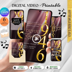 Rose Gold 80th Birthday Invitation Video: Modern Eightieth Birthday Invitation, Women 80th Digital Invite for Him Her Canva Editable DIY