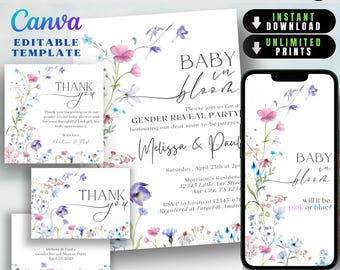 Invito per rivelazione del sesso floreale, invito digitale per rivelazione del sesso moderno In Bloom, invito fai da te per baby shower con fiori selvatici In Bloom Blue Pink Reveal