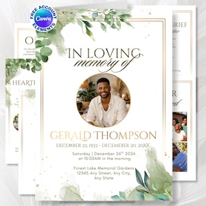 Greenery Funeral Program Template: In Memory of, White Gold Celebration of Life Invite, Printable Memorial Card, Memorial Digital Download
