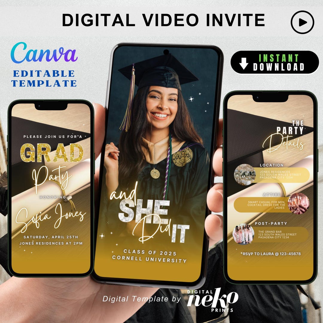 She Did It Gold Grad Invite for Her, Class of 2025 Invite, Minimalist ...