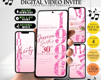 Invitación rosa para su 30.º cumpleaños, invitación brillante para su 30.º cumpleaños, invitación con diamantes para su 30.º cumpleaños, plantilla digital de invitación para una cena glamurosa para su 30.º cumpleaños