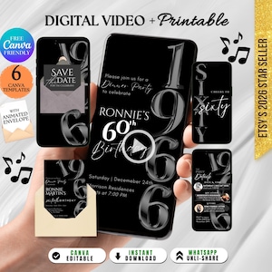 Digital 60th Birthday Invite: Modern Animated Video Invitation for Men, Elegant Party for Women Born in 1965, DIY Canva Editable Template
