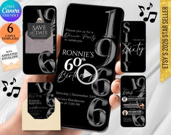 Invitación digital para el 60 cumpleaños: Invitación moderna en vídeo animado para hombres, fiesta elegante para mujeres nacidas en 1965, plantilla editable de Canva para crear tú mismo.