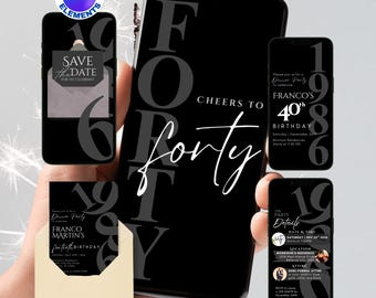 40th Birthday Animated Invitation for Men: Black Minimalist Modern Party Evite for Him Editable Canva Milestone Party DIY (Digital Download)