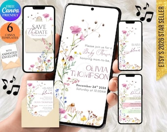 Invito per baby shower "Baby in Bloom": invito per baby shower a tema fiori selvatici, invito per baby shower boho floreale primaverile con video, modificabile su Canva.