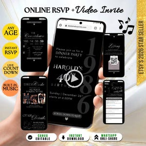 Online Party Invitation RSVP: Live Response Tracker & Scrollable Webpage Video Invite, Custom for You Any Age Black Theme w/ Countdown Timer
