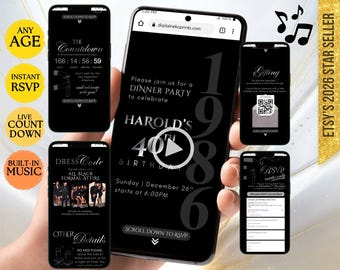 Online Party Invitation RSVP: Live Response Tracker & Scrollable Webpage Video Invite, Custom for You Any Age Black Theme w/ Countdown Timer