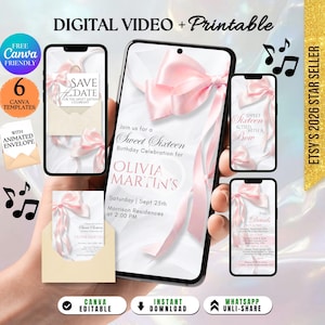Sweet 16th Birthday Invitation for Girl, Sweet 16th Invite Digital, Coquette 16th Invite, Animated & Printable Sixteen 16th Editable Invite