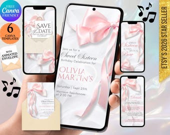 May include: Digital Sweet Sixteen invitation templates displayed on smartphones and an envelope. The design features a pink bow and text that reads "Sweet Sixteen" and event details. The image also includes the text "Canva Editable" and "Instant Download."