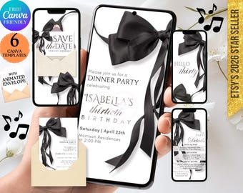Digital 30th Birthday Party Invitation, Coquette Black Bow 30th Invitation, Black Bow Birthday Invitation, Modern Ladies 30th Birthday, DIY