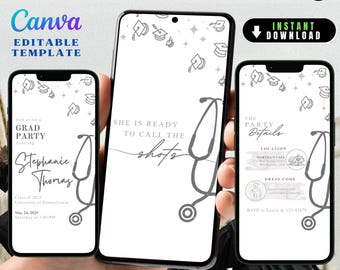 May include: A digital video invitation template for a graduation party. The template features a stethoscope, graduation caps, and the text "She is ready to call the shots".