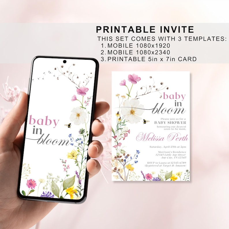 Baby In Bloom Invitation | Baby Shower Invitation Template | Floral Spring Summer Baby Shower, Baby in Bloom Invitation, Wildflowers Baby Shower Invitation, Purple Pink Flower Invitation, Wild Flower Invite, Floral Baby Brunch Invite, Baby in Bloom Invitation, Boho Arch Floral Baby Shower Invitation, Pink Flower Invitation, Spring Baby Shower Invite, Girl Baby, Wildflower Baby Shower Invite, Muted Pink Boho Spring Flowers Baby Shower Invitation by DigitalNekoPrints