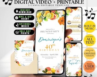 Citrus Birthday Invite: Orange Main Squeeze Invites, Modern Lemon 40th Birthday Invitation, Video & Printable DIY Canva Editable with Music