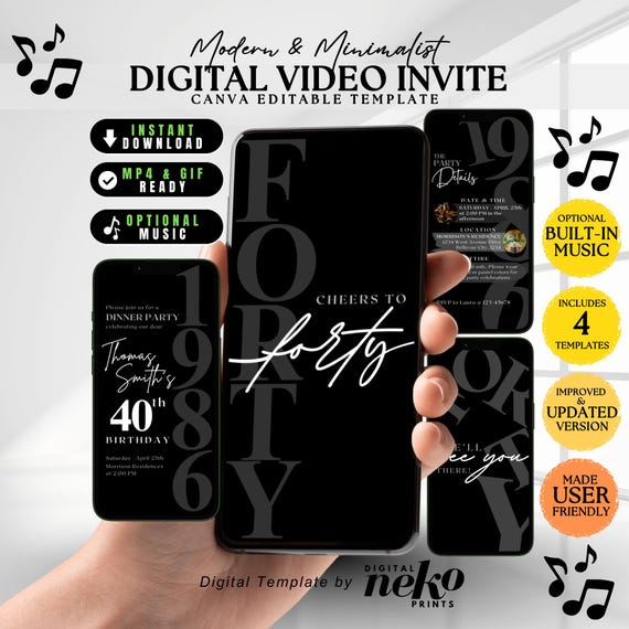 40th Birthday Evite For Men: Modern 40th Invite Her Him, Digital Animated Black Cheers to Forty, Born in 1985, DIY Canva Editable Invite Men