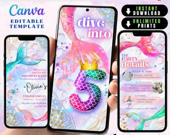 Magic Party Mermaid Invite Under the Sea, Dive Into Five Birthday Invitation Digital Download, Glitter Purple Pink Teal 5th Mermaid Invite