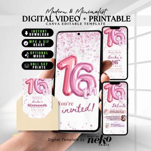Sweet 16th Birthday Invitation for Girl, Pink Foil Balloon 16th Invite Digital, Modern 16th Invite, Printable Sixteen 16th Editable Invite