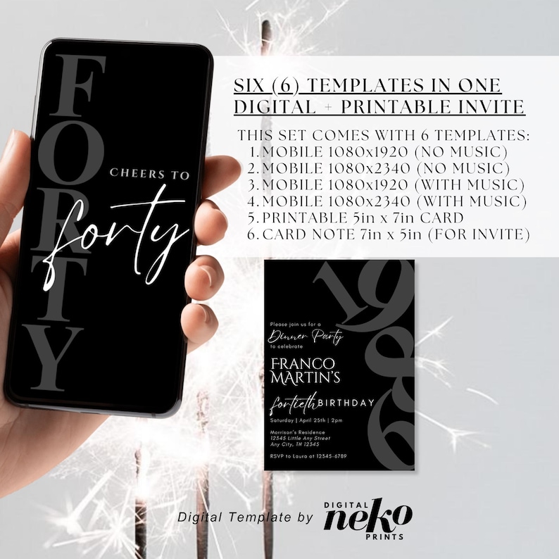 Digital 40th Birthday Invitation For Men, 40 Invite Ecard, Virtual Rustic Marquee BBQ Forty Party Invite For Him, Self Editable Template, Digital 40th Birthday Invitation, 40th Ecard, Black Gold Silver Balloon Diamond Video Party Invite For Black Tie Gala, Editable Itinerary, Men's 40th Birthday Digital Invitation Template, Birthday Invite for Him Digital, 40th Birthday Party Invitation, 40th Men Party Invite, Digital Men Birthday Invitation, The Man The Legend by DigitalNekoPrints