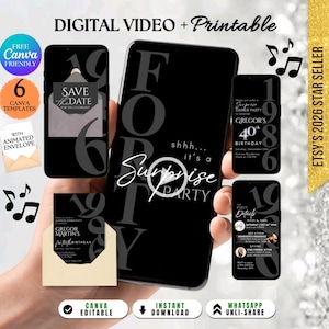Black Digital 40th Surprise Party Invite for Him: Minimalist 40th Surprise Invite Man Woman, Shhh Party Invite Husband (Digital Download)