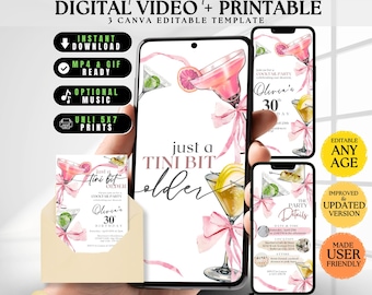 Geburtstag Tini Bit Video Einladung Bearbeitbar Canva Martini Theme Animierte Feier Digitale Vorlage Pink Cocktail Party (Digitaler Download)