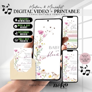 May include: A digital baby shower invitation template with floral design. The image shows a smartphone displaying the invitation, along with a printed card and envelope. Text includes "Baby in Bloom" and "Digital Template by neko prints."