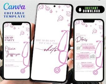 May include: A digital video invitation template for a graduation party. The template features a pink stethoscope with a graduation cap on the end. The text "She is ready to call the shots" is written in pink cursive. The party details are listed on the right side of the template, including the date, time, location, and dress code.