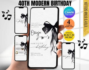 Digital 40. Geburtstags-Einladung Frauen, moderne 40. Geburtstag einladen, schwarze Schleife Brunch Evite für Sie, Coquette Black Bow 40.Einladung, DIY