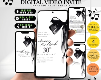 Digital 30th Birthday Party Invitation, Coquette Black Bow 30th Invitation, Black Bow Birthday Invitation, Modern Ladies 30th Birthday, DIY